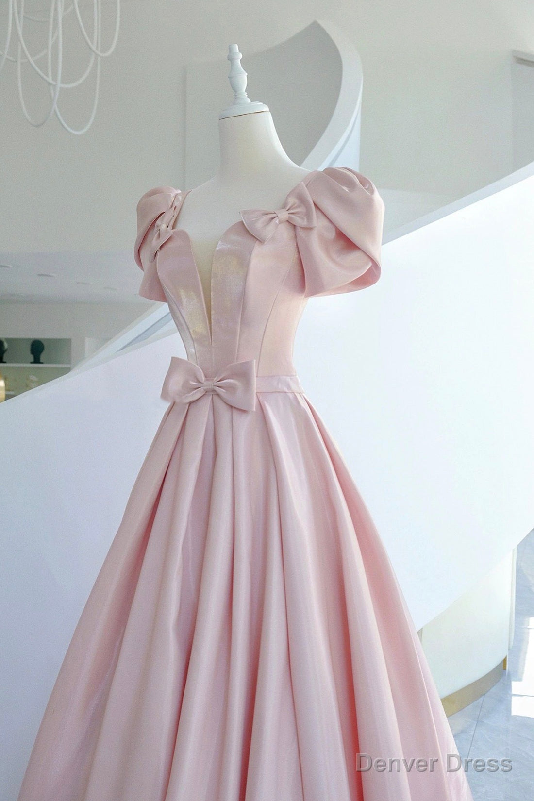 Pink Satin Long Prom Dress, A Line Prom Dresses with Bow