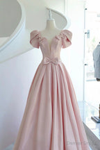 Pink Satin Long Prom Dress, A Line Prom Dresses with Bow
