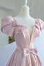 Pink Satin Long Prom Dress, A Line Prom Dresses with Bow
