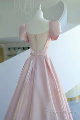 Pink Satin Long Prom Dress, Beautiful A-Line Evening Dress With Bow