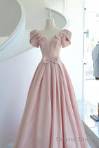 Pink Satin Long Prom Dress, Beautiful A-Line Evening Dress With Bow