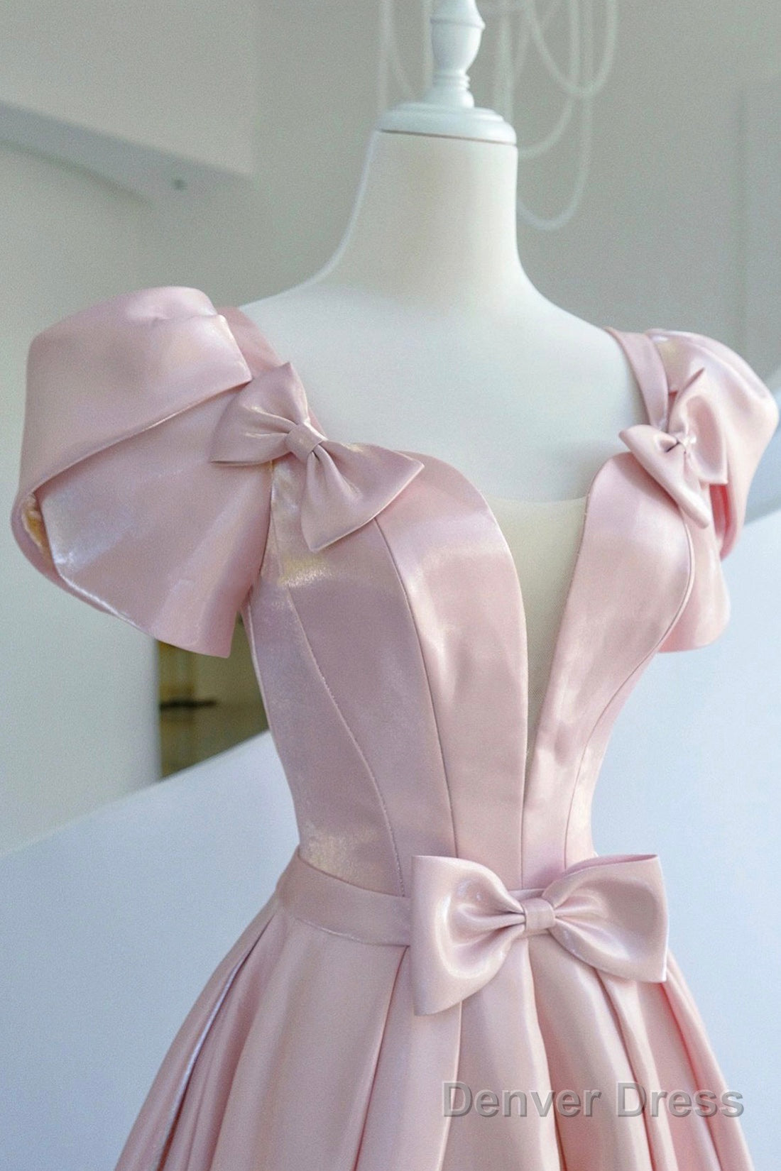 Pink Satin Long Prom Dress, Beautiful A-Line Evening Dress With Bow