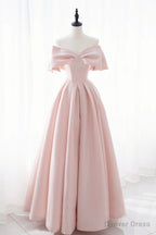 Pink Satin Long Prom Dress, Cute Off Shoulder Evening Dress