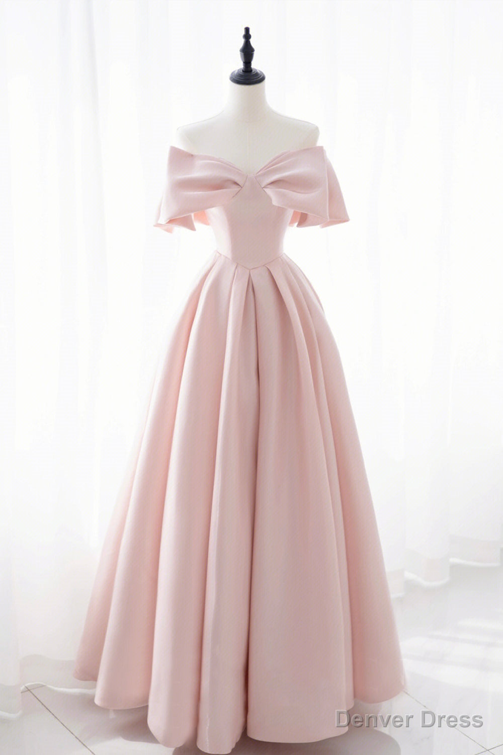 Pink Satin Long Prom Dress, Cute Off Shoulder Evening Dress