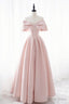 Pink Satin Long Prom Dress, Cute Off Shoulder Evening Dress