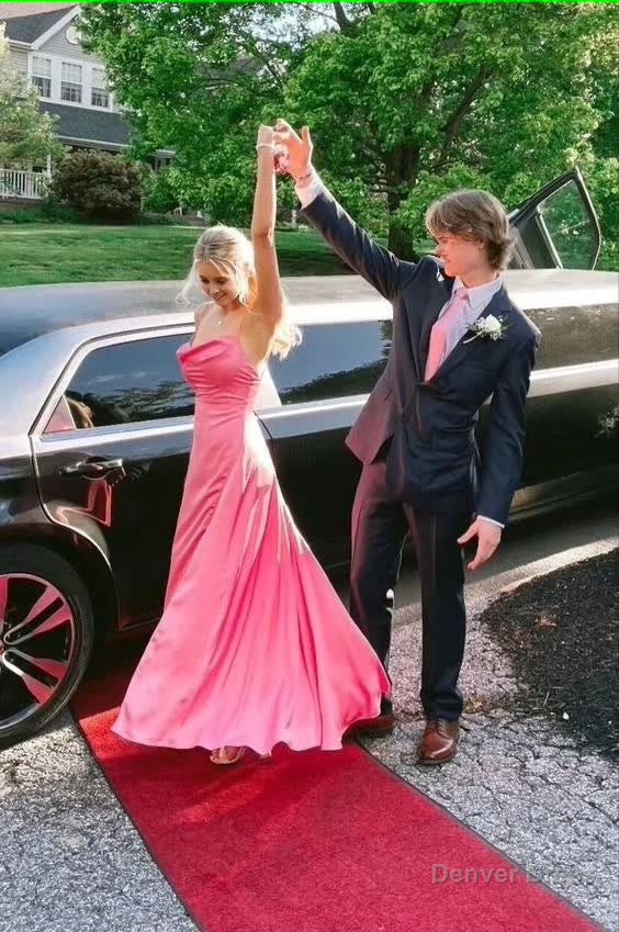 Pink Satin Long Prom Dress Spaghetti Straps A Line Prom Dresses