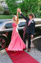 Roze satijn lange prom -jurk spaghetti baart een lijn feestjurk