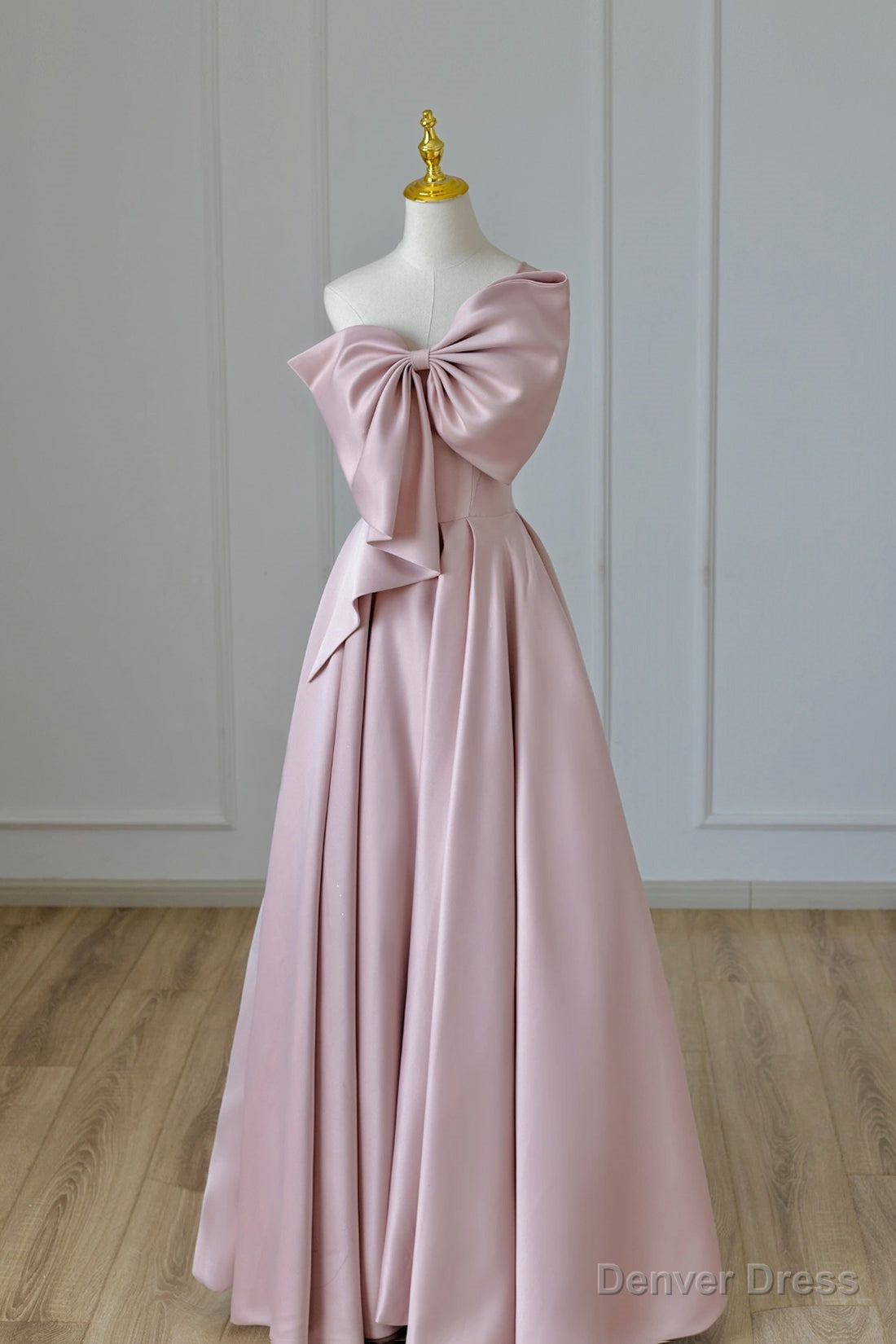 Pink Satin Long Prom Dress with Bow, One Shoulder Formal Evening Dress Main image