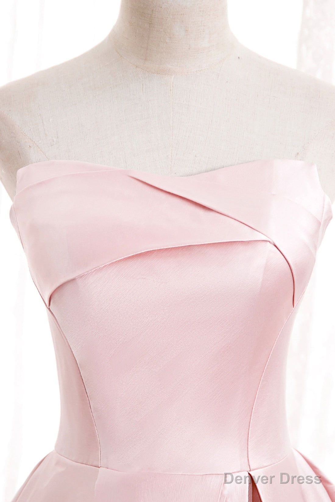 Pink Satin Long Prom Dress with Pearls, Pink Strapless Prom Dresses Secondary image