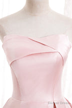 Pink Satin Long Prom Dress with Pearls, Pink Strapless Prom Dresses