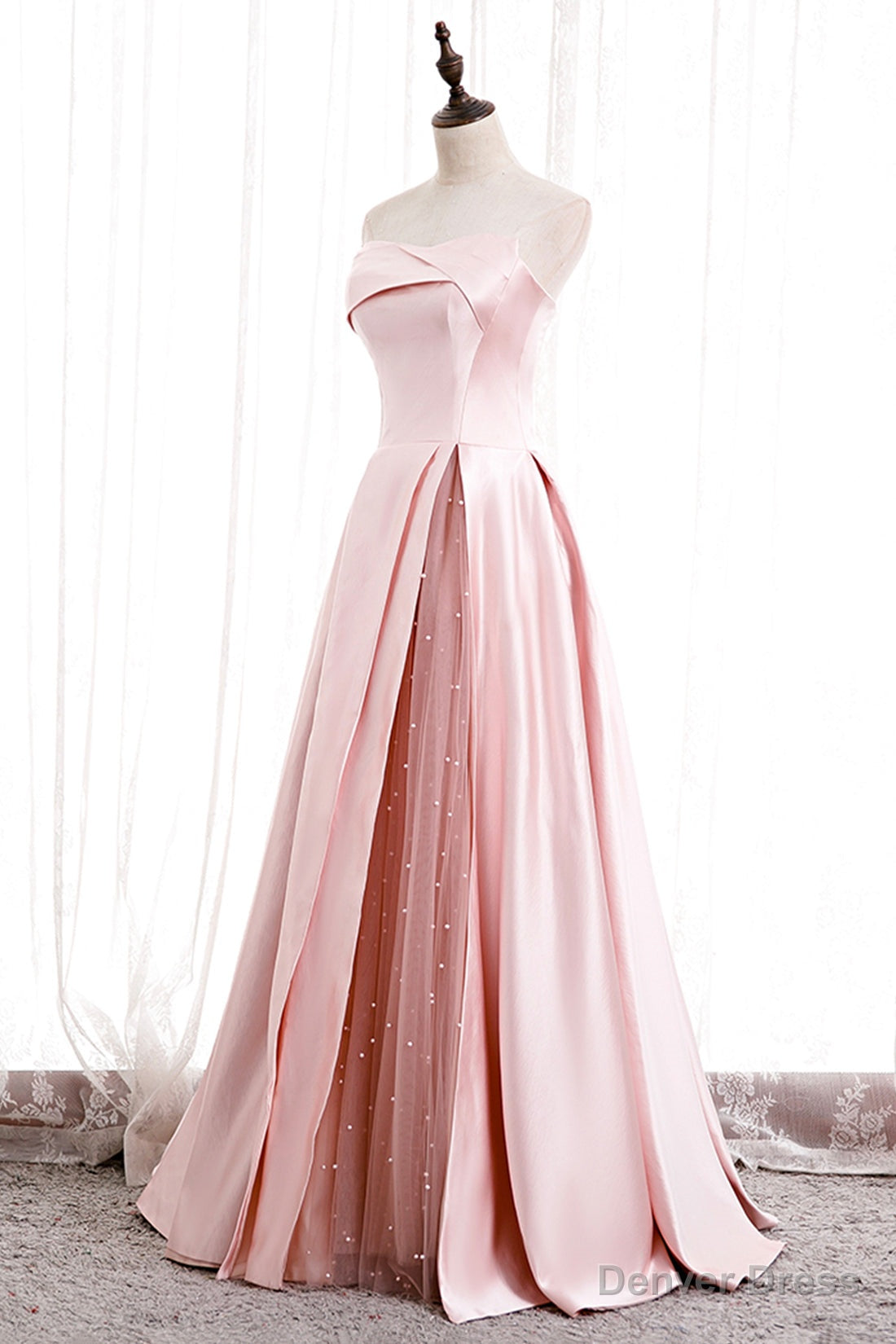 Pink Satin Long Prom Dress with Pearls, Pink Strapless Prom Dresses Main image