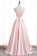 Pink Satin Long Prom Dress with Pearls, Pink Strapless Prom Dresses