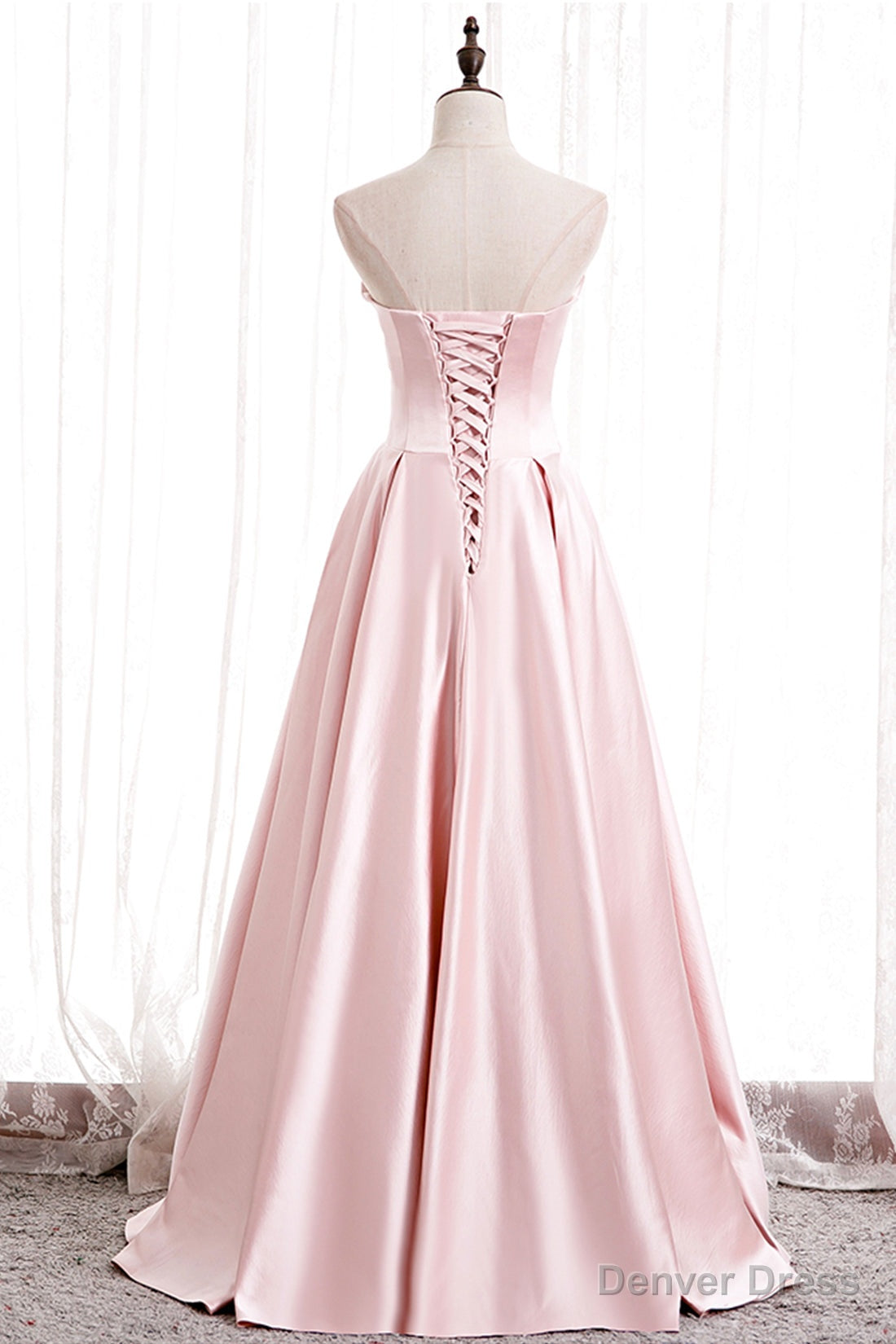 Pink Satin Long Prom Dress with Pearls, Pink Strapless Prom Dresses