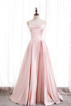 Pink Satin Long Prom Dress with Pearls, Pink Strapless Prom Dresses