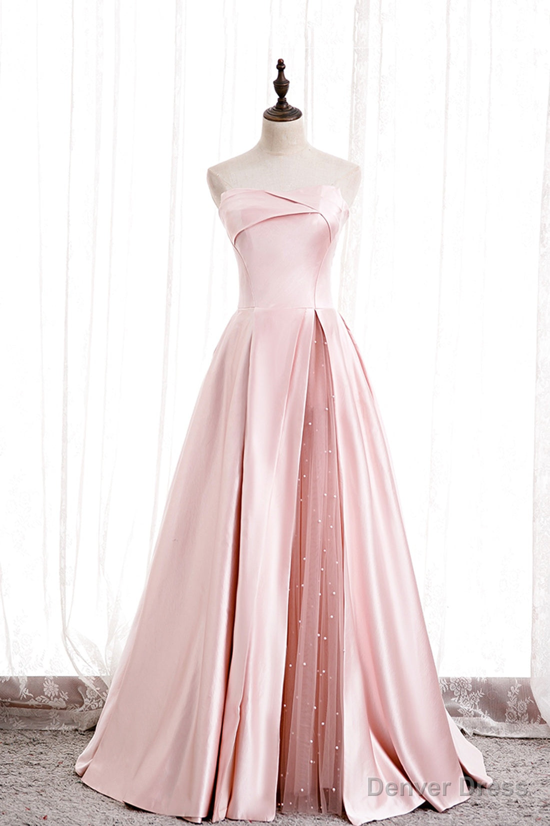 Pink Satin Long Prom Dress with Pearls, Pink Strapless Prom Dresses