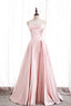 Pink Satin Long Prom Dress with Pearls, Pink Strapless Prom Dresses
