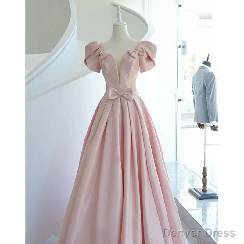 Pink Satin Long Short Sleeves Prom Dress Prom Dress, Pink Prom Dress Wedding Prom Dresses