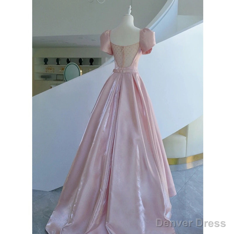 Pink Satin Long Short Sleeves Prom Dress Party Dress, Pink Formal Dress Wedding Party Dress Secondary image