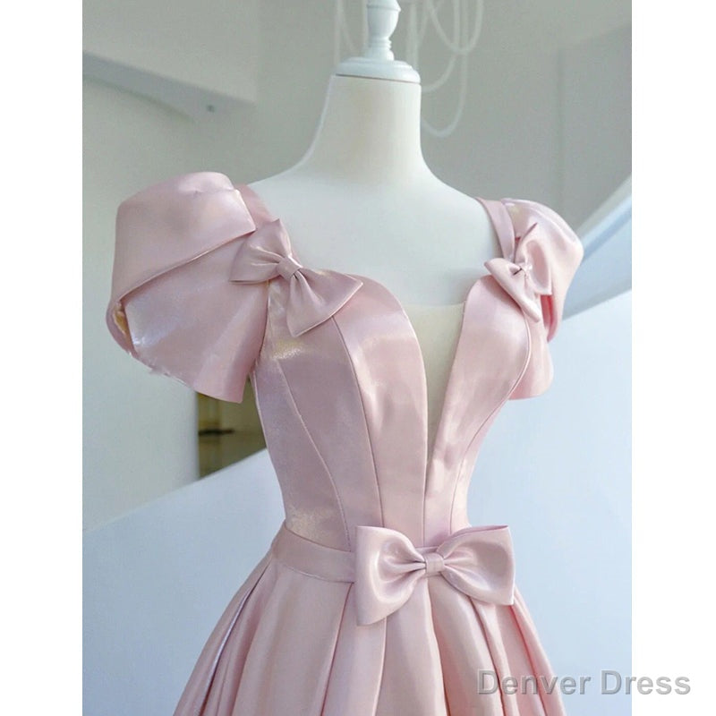Pink Satin Long Short Sleeves Prom Dress Prom Dress, Pink Prom Dress Wedding Prom Dresses