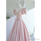 Pink Satin Long Short Sleeves Prom Dress Prom Dress, Pink Prom Dress Wedding Prom Dresses