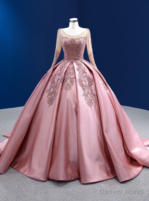 Pink Satin Long Sleeve Appliques Beading Prom Dresses Main image