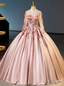 Pink Satin Long Sleeve Appliques Quinceanera Dresses