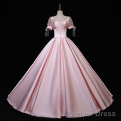Pink Satin Long Sweetheart Formal Dress, Pink Sweet 16 Party Dress