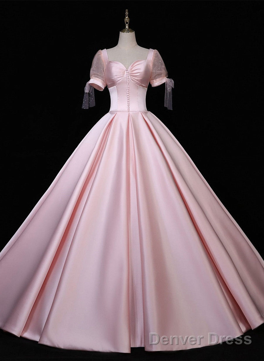 Pink Satin Long Sweetheart Formal Dress, Pink Sweet 16 Party Dress Main image