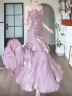 Pink Satin Mermaid Straps Long Prom Dress, Pink Floor Length Prom Dresses