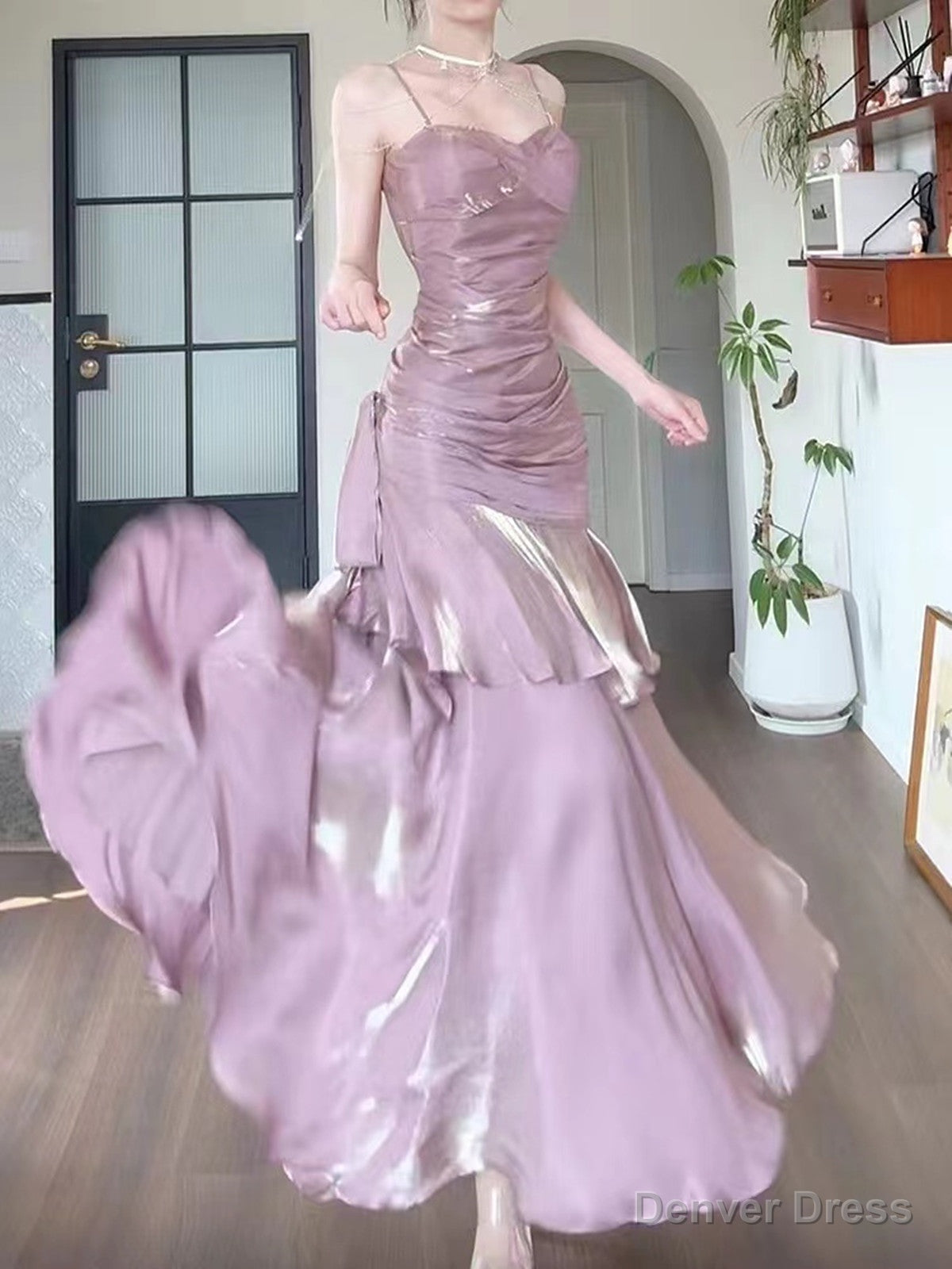 Pink Satin Mermaid Straps Long Prom Dress, Pink Floor Length Prom Dresses