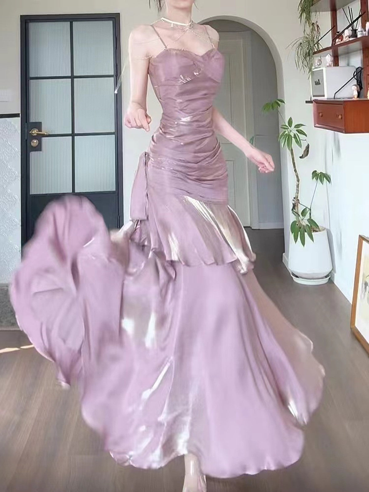 Pink Satin Mermaid Straps Long Prom Dress, Pink Floor Length Prom Dresses