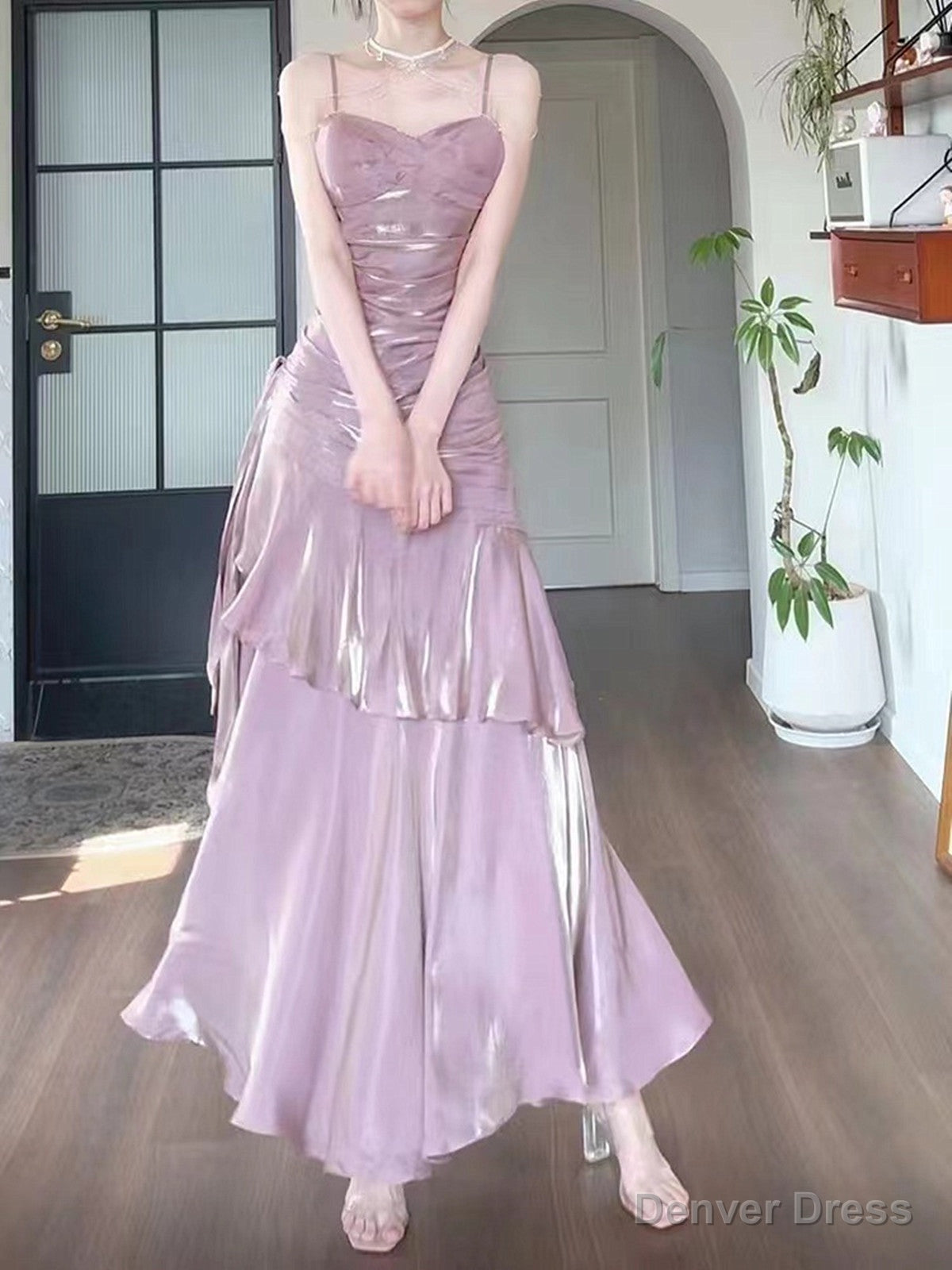 Pink Satin Mermaid Straps Long Formal Dress, Pink Floor Length Prom Dress