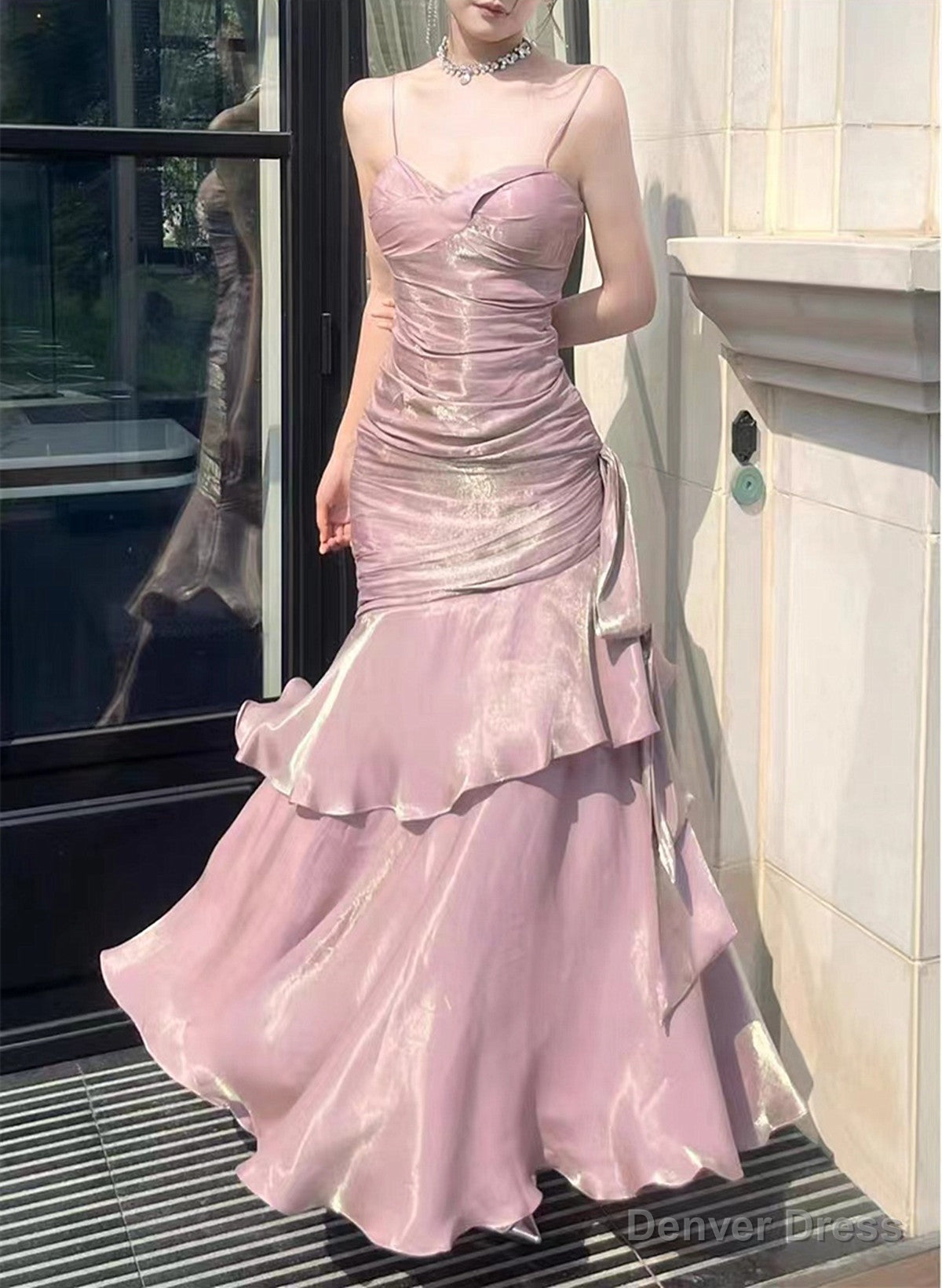 Pink Satin Mermaid Straps Long Prom Dress, Pink Floor Length Prom Dresses