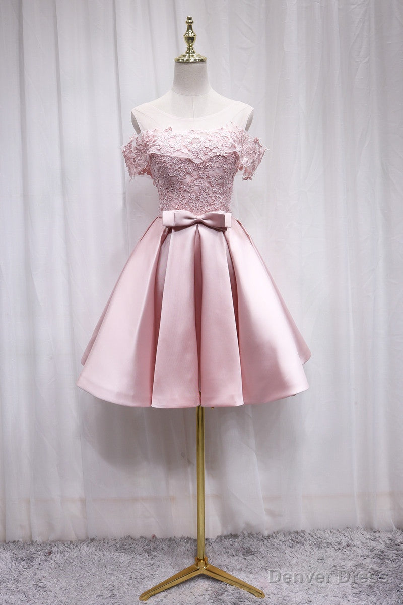 Pink Satin Off Shoulder Lace Top Homecoming Dress, Pink Gradaution Dresses Main image