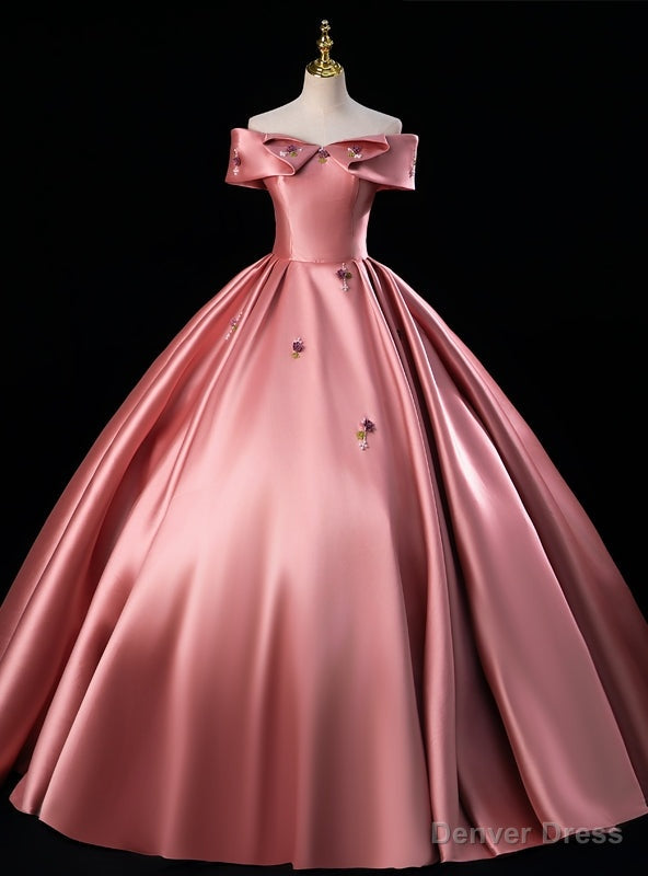 Pink Satin Off the Shoulder Beading Flower Quinceanera Dresses