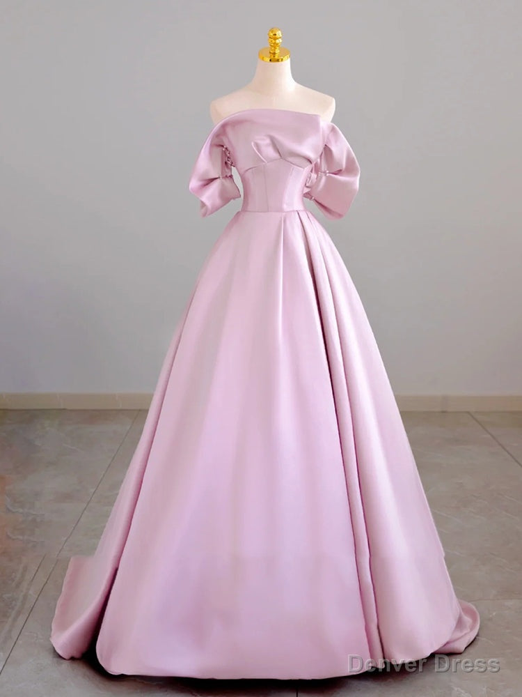 Pink Satin Off the Shoulder Beading Prom Dresses