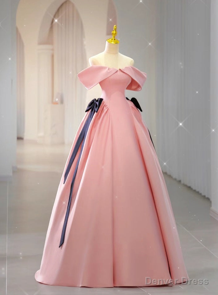 Pink Satin Off the Shoulder Bow Prom Dresses Main image