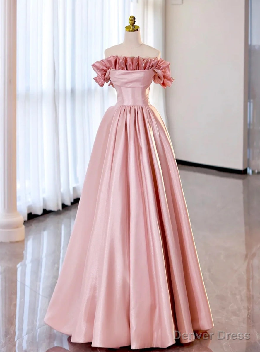 Pink Satin Off the Shoulder Pleats Prom Dresses