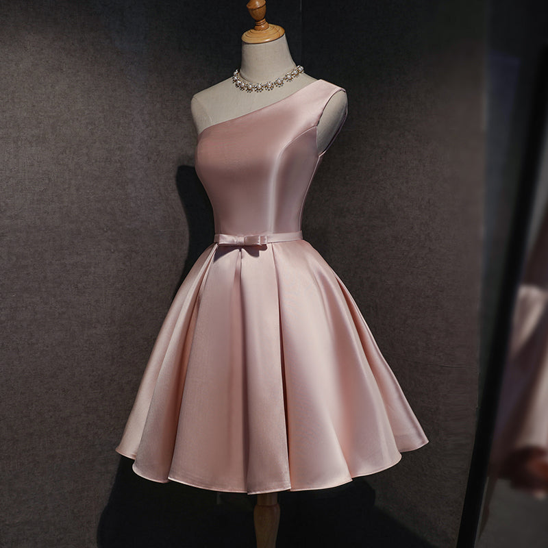 Pink Satin One Shoulder Homecoming Dress, Knee Length Prom Dresses Secondary image