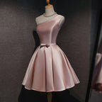 Pink Satin One Shoulder Homecoming Dress, Knee Length Prom Dresses