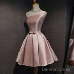 Pink Satin One Shoulder Homecoming Dress, Knee Length Prom Dresses