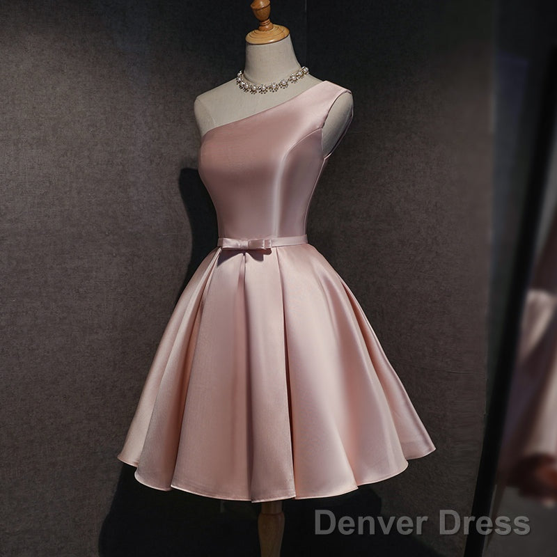 Pink Satin One Shoulder Homecoming Dress, Knee Length Prom Dresses