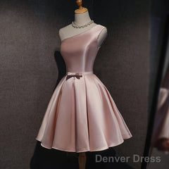 Pink Satin One Shoulder Homecoming Dress, Knee Length Prom Dress