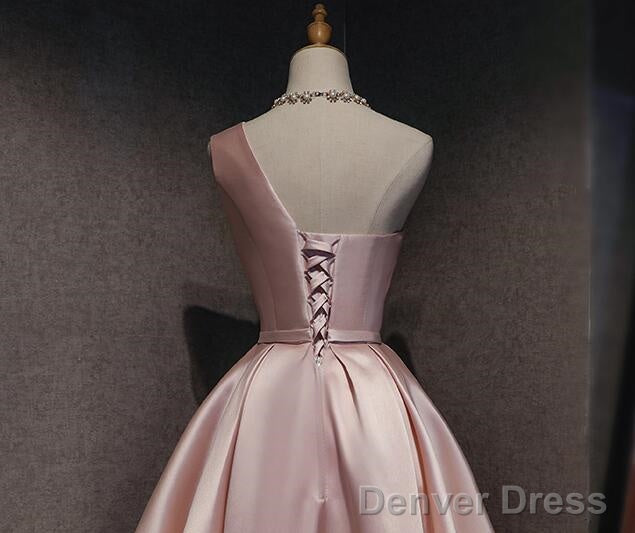Pink Satin One Shoulder Homecoming Dress, Knee Length Prom Dress