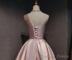 Pink Satin One Shoulder Homecoming Dress, Knee Length Prom Dress