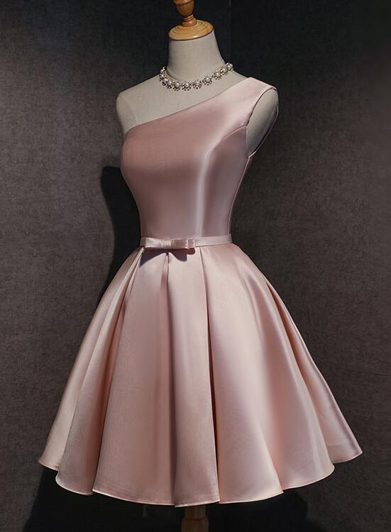 Pink Satin One Shoulder Homecoming Dress, Knee Length Prom Dresses Main image