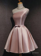 Pink Satin One Shoulder Homecoming Dress, Knee Length Prom Dresses