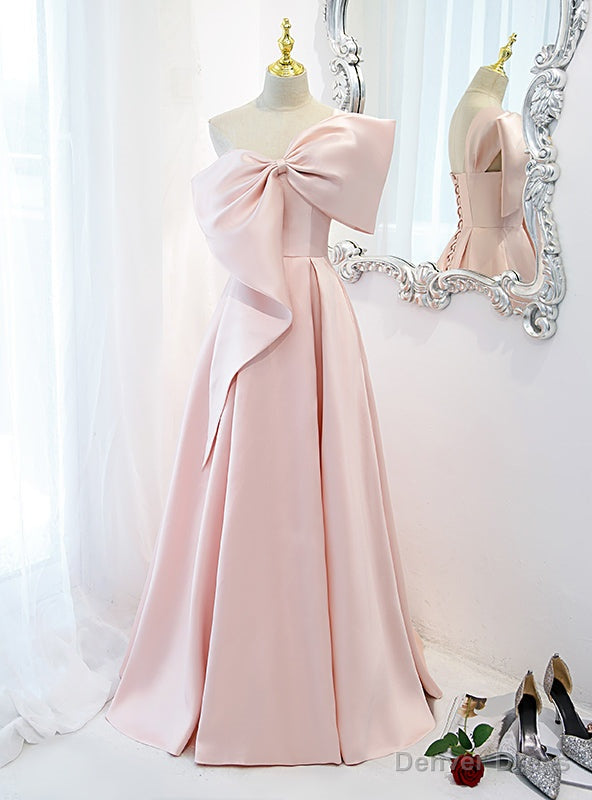 Pink Satin One Shoulder Prom Dresses With Bow Main image