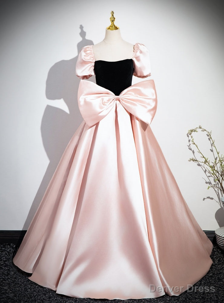 Pink Satin Puff Sleeve Bow Prom Dresses Main image
