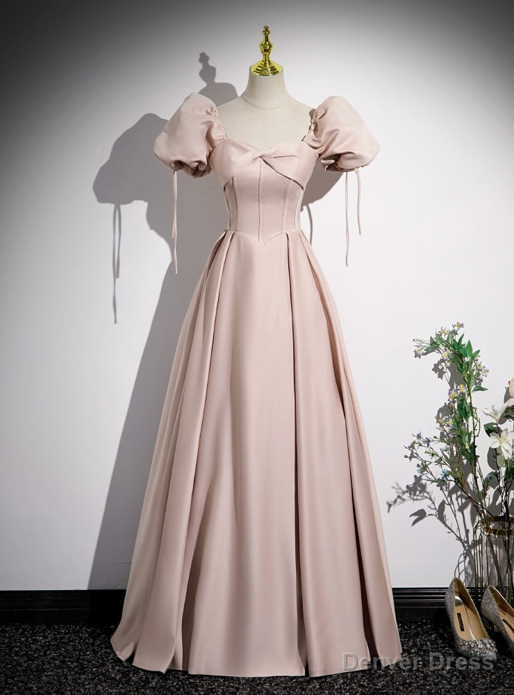 Pink Satin Puff Sleeve Prom Dresses